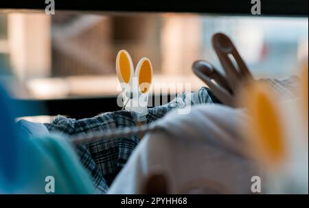Laundry pins on ropes at home Stock Photo