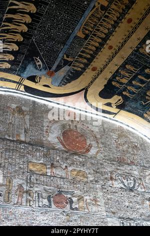 Relief of the Goddess Nut on the ceiling of the Tomb of Ramses V/VI in the Valley of the Kings in Luxor Stock Photo