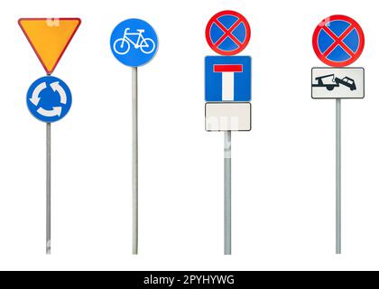 Set with different road signs isolated on white Stock Photo