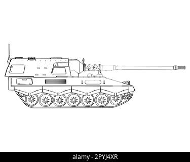 Military armored vehicle doodle. Self-propelled howitzer. German 155 mm Panzerhaubitze 2000. Vector illustration isolated on white background. Stock Vector