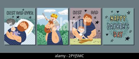 Happy Fathers Day. Set of posters with bearded smiling dad spending time with his son. Loving parent with children. Design elements for greeting card. Stock Vector