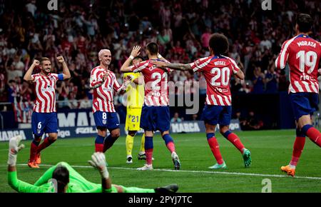 Madrid, Spanien. 03rd May, 2023. Madrid, Spain; 03.05.2023.- Atletico de Madrid vs Cadiz soccer to La Liga Spain match 33 held at the Civitas Metropolitano stadium, in Madrid. Final score 5-1 Atletico de Madrid score players Griezmann 2' and 27', Morata 49', Carrasco 57', Molina 73'. Cadiz score player Lozano 72'. Credit: Juan Carlos Rojas/dpa/Alamy Live News Stock Photo