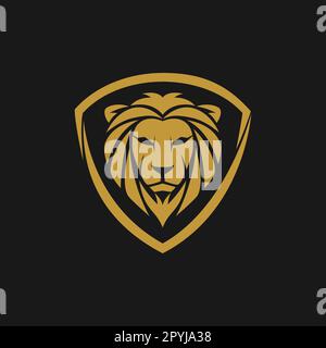 Flat Logo Design of Gold Lion Head with Shield Concept vector illustration. Stock Vector