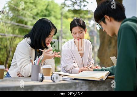 Beautiful young Asian female college student focuses on listening to her friend explain math while preparing for the exam at a campus park together. Stock Photo