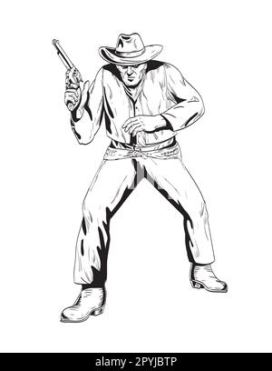 Comics style drawing or illustration of a cowboy with pistol drawn in a gunfight viewed from the front on isolated background in black and white retro Stock Photo