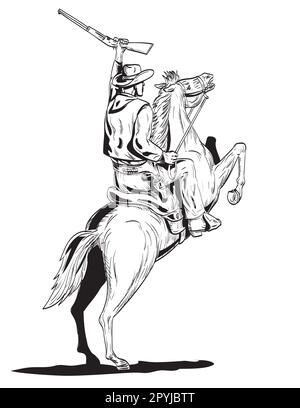 Comics style drawing or illustration of a cowboy holding up rifle riding prancing horse viewed from rear on isolated background done in black and whit Stock Photo