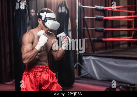 Professional boxer wear virtual reality headsets to engage in immersive boxing workouts simulations while practicing their punching techniques. Live, Stock Photo