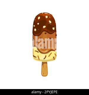 Cartoon ice cream, popsicle, eskimo bar with nuts and sprinkles. Vector sweet creamy dessert, icecream on stick with chocolate, vanilla and cocoa glaz Stock Vector