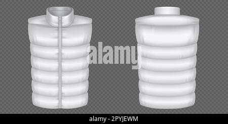 3d puffer warm vest vector mockup. Isolated white winter waistcoat on transparent background. Male front and back sleeveless jacket design set mock up template. Adult padded quilted outerwear. Stock Vector