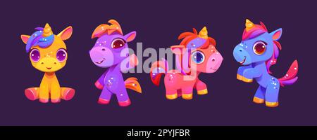 Cute rainbow unicorn mascot for game. Pony fairy character cartoon vector isolated illustration. Adorable magic horse, gold horn with different emotions on face, pose collection, mythology creature Stock Vector