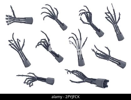 Robot hands or arms. Future artificial technology, cyborg mechanical hand with metallic fingers grip and release with precision and strength. Isolated Stock Vector