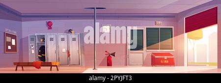 Cartoon fire station interior design. Vector illustration of empty garage and locker room with pole for firefighters. Fireman helmet and uniform on shelf, sand box and extinguisher, city street view Stock Vector