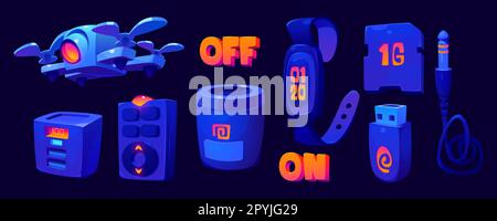 Vector technology usb, battery and connector cartoon icon set. Isolated smart device and computer accessories graphic illustration. Portable powerbank, thumbdrive and smartwatch neon symbol design Stock Vector
