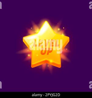 Game level up reward golden star rate icon. Casino achievement win sign, arcade task rank rank complete vector icon or gaming success award. Videogame Stock Vector