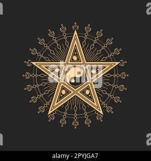 Yin Yang symbol inside of pentagram star with moon and crescent around. Vector Buddhism religious or occult tarot sign, harmony, male and female begin Stock Vector