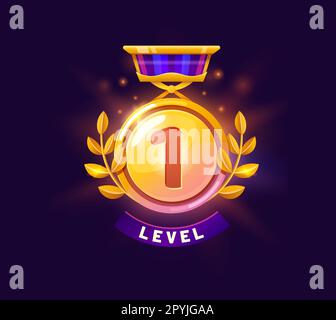 Game level up badge and win icon. Arcade success rank sign, game task complete winner or casino level up celebration vector symbol. Gaming victory pri Stock Vector