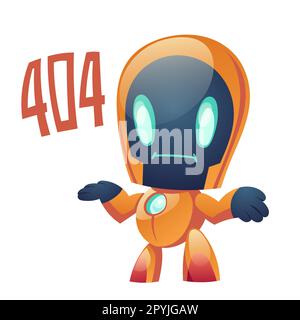 404 error with robot say page not found. Confused ai cyborg shrug and informing about lost server connection problem. Computerized broken links detection and notification Cartoon vector illustration Stock Vector