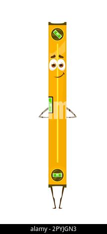 Cartoon level meter tool character, construction works vector item and leveling equipment. Funny level meter with smile face, DIY workshop repair and Stock Vector