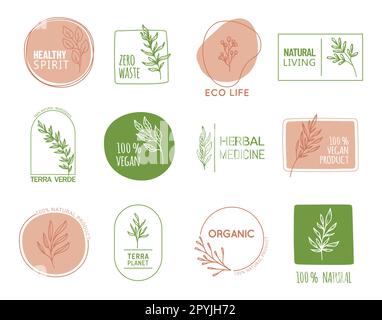 Organic food, nature icons for herbal medicine, healthy eco and natural vegetarian food, vector signs. Vegan health and 100 bio product label tags wit Stock Vector