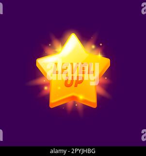 Game level up reward golden star rate icon. Casino achievement win sign, arcade task rank rank complete vector icon or gaming success award. Videogame Stock Vector