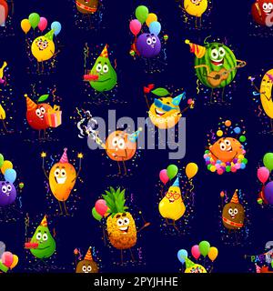 Cartoon fruit characters on birthday holiday, seamless pattern. Vector tiled background with lemon, plum, quince and pear. Peach, watermelon, kiwi or Stock Vector