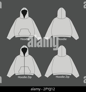 Hoodie sweatshirt flat technical drawing illustration mock-up template. Zip Up Hoodie Unisex Sweatshirt Stock Vector