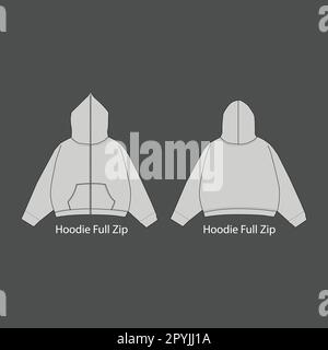Full zip hoodie sweatshirt flat technical drawing illustration mock-up template for design and tech packs men or unisex fashion CAD streetwear. Stock Vector