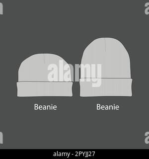 Wool beanie caps. Beanies running cap sketches, flat beanie templates, winter knitted designed hat. CAD mockup template beanie Stock Vector