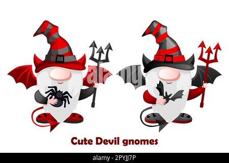 Cartoon Devil Gnomes with with the devils trident. Halloween leprechaun character Stock Vector