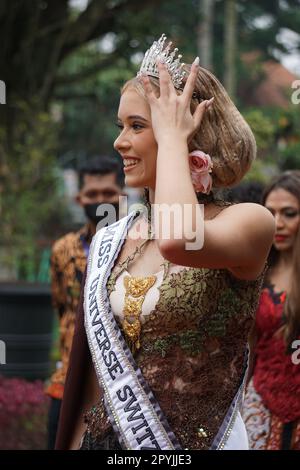 Switzerland Miss Universe on Tulungagung's anniversary (Bersih Nagari) with kebaya cloth Stock Photo