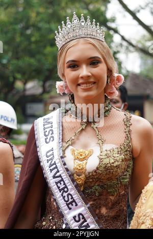 Switzerland Miss Universe on Tulungagung's anniversary (Bersih Nagari) with kebaya cloth Stock Photo