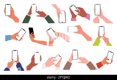 Different Hands holding mobile phones vector set.  Stock Vector