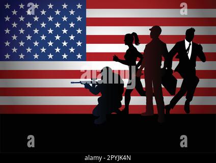Silhouette of people with different profession against American flag Stock Vector