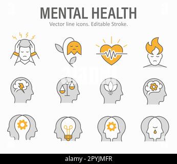 Mental health icons, such as anxiety, therapy, panic attack and more. Vector illustration isolated on white. Editable stroke. Stock Vector