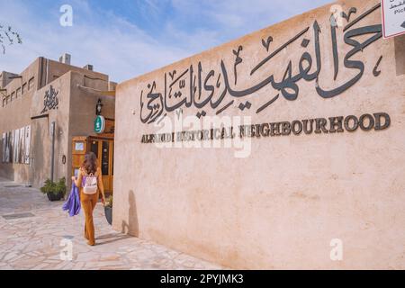 17 January 2023, Dubai, UAE: Tourist girl at Al Fahidi historical district and neighbourhood Stock Photo