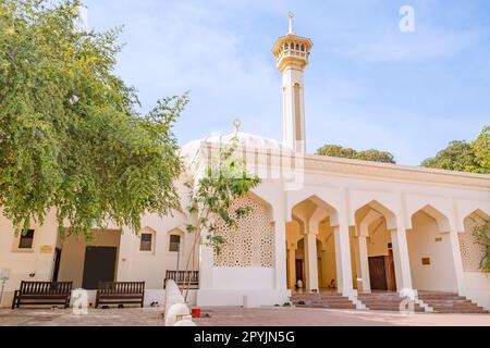 17 January 2023, Dubai, UAE: Al Fahidi mosque entrance and minaret at historical district and neighbourhood in Dubai Stock Photo