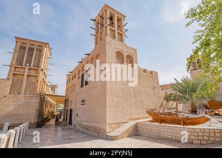 17 January 2023, Dubai, UAE: Al Fahidi district streets and traditional arab wind tower used for ventilation and air conditioning at historical distri Stock Photo
