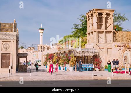 17 January 2023, Dubai, UAE: Al Fahidi historical district and neighbourhood with coffee shops and pedestrian streets Stock Photo