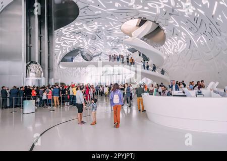 17 January 2023, Dubai, UAE: The interior of the Future Museum in Dubai with crowds of visitors and tourists Stock Photo