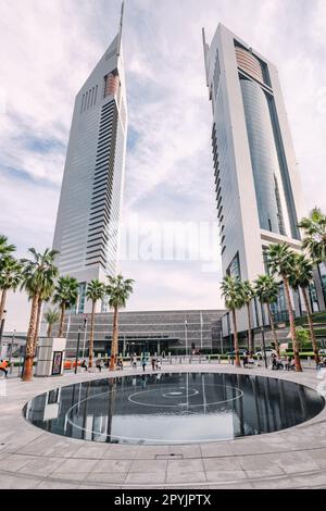 17 January 2023, Dubai, UAE: Jumeirah Emirates Towers skyscrapers and fountain pond near Future Museum Stock Photo