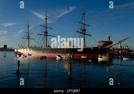 Portsmouth, Hampshire, England December 10 2022 - HMS Warrior in Portsmouth, England's first Iron-clad warship launched in 1860 and is a tourist ship Stock Photo