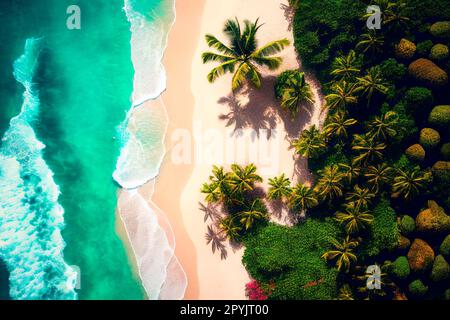 Drone view of tropical sand beach with palm trees and sea waves landscape. Tropic island from above wallpaper background. Summer holiday travel concept. Stock Photo
