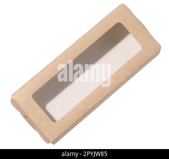 Empty brown rectangular cardboard box with a transparent lid on a white isolated background Stock Photo
