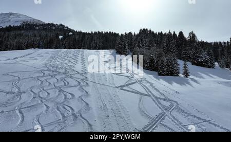Aerial photo with drone of ski resort in winter with two ski tourers Stock Photo
