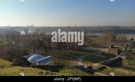 The confluence of the Sava and Danube rivers Panorama on west side of Belgrade city with turkish Amam. Turkish bath and Nebojsa Tower in foreground with Zemun. January 2020. Stock Photo