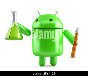 Android Science Lab Android robot with laboratory glassware. 3D illustration. Isolated ...