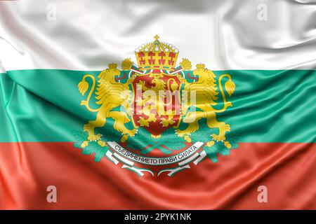 Ruffled Flag of Bulgaria with Coat of Arms. 3D Rendering Stock Photo