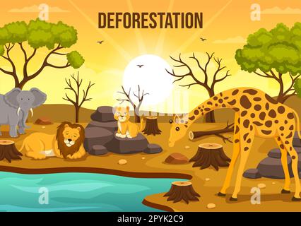 Deforestation Illustration with Tree in the Felled Forest and Burning Into Pollution Causing the Extinction of Animals in Cartoon Hand Drawn Templates Stock Photo