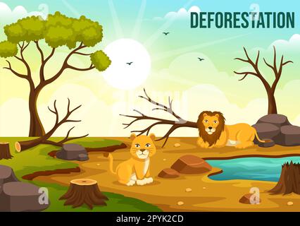 Deforestation Illustration with Tree in the Felled Forest and Burning Into Pollution Causing the Extinction of Animals in Cartoon Hand Drawn Templates Stock Photo