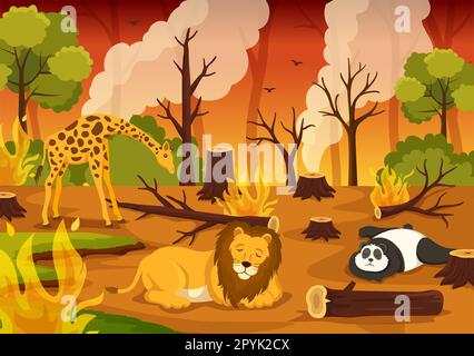 Deforestation Illustration with Tree in the Felled Forest and Burning Into Pollution Causing the Extinction of Animals in Cartoon Hand Drawn Templates Stock Photo